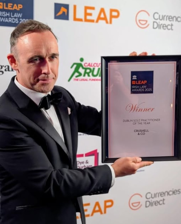 Barry Crushell holding his Irish Law Awards 2025 award